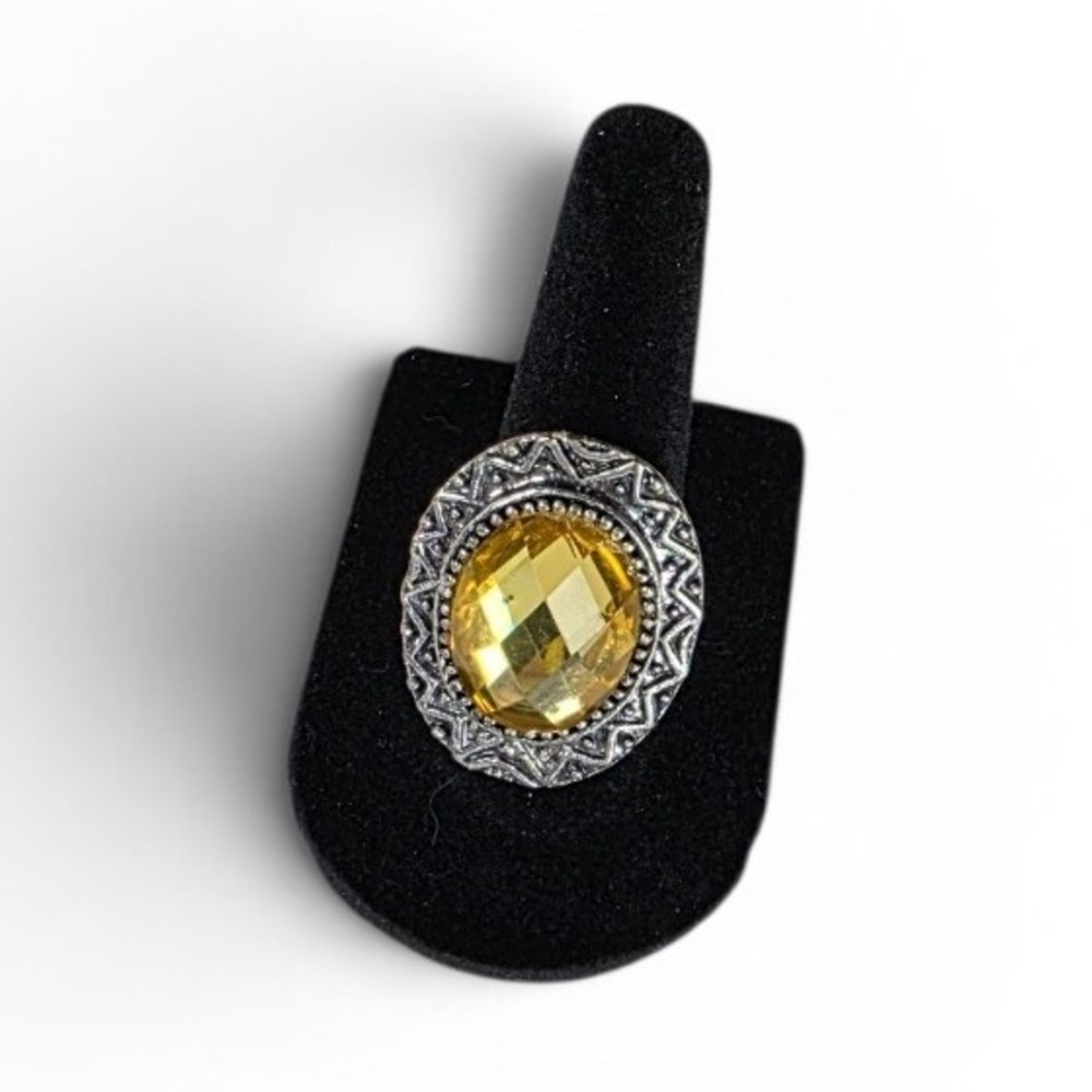 Vintage Faceted Citrine Yellow Stone Halo Setting, Silver Metal Ring Size 7